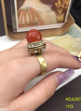 时尚复古创意经典红绿玛瑙镶宝石钻戒指铜材质做旧金中古百搭指环