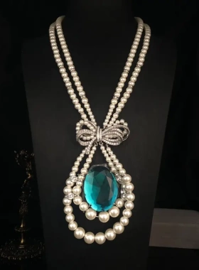 法式复古风饰品双层琉璃珍珠蝴蝶结短款项链蓝宝石重工设计毛衣链