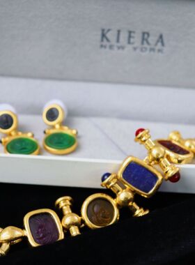 Vintage复古董首饰琉璃卡梅奥珐琅华丽手链镀老工艺制作复古做旧