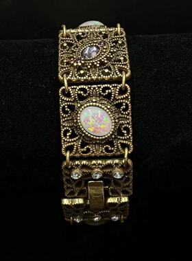 中古西洋古董重工镶嵌手排手链做旧雕花镂空宫廷手链饰品