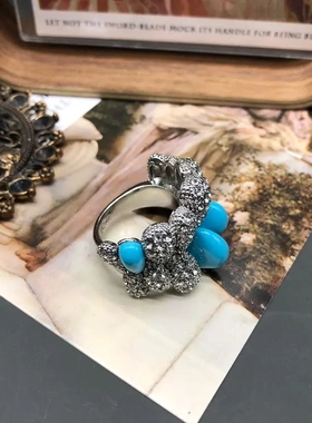 中古vintage饰品铜镀金密镶水钻绿色石戒指气质百搭复古轻奢指环