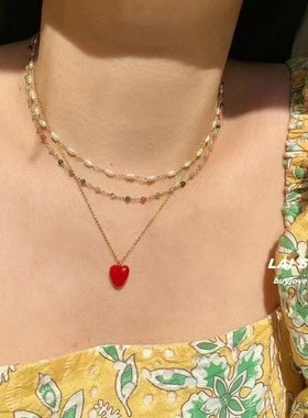 ins韩国小众捶打纹爱心项链女轻奢设计陨石珐琅小红心吊坠锁骨链