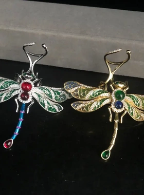 新款时尚设计指环彩色宝石钻镶嵌珐琅釉蜻蜓造型会动关节戒指中古