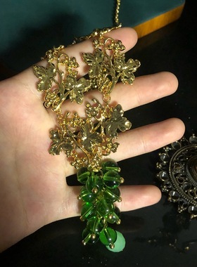 西洋复古中古风串珠铜镀真金绿色琉璃珠葡萄坠项链耳环优雅套装女