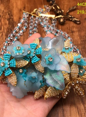 vintage中古饰品手工编织重工设计立体花朵项链多层串珠优雅百搭