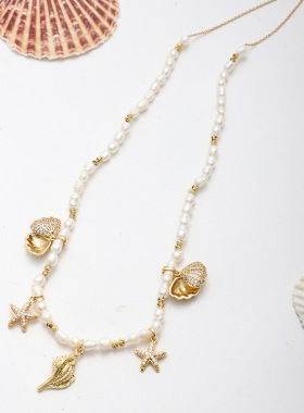 初贝海螺度假风锁骨链女天然巴洛克珍珠设计感气质高级金色项链