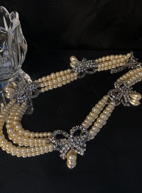 中古vintage复古蝴蝶结珍珠项链宫廷风小众气质多层链锁骨链项链