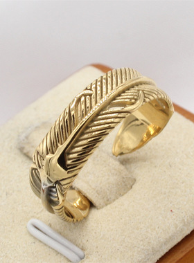 时尚钛钢男款戒指 欧美复古立体镂空整根羽毛开口钛钢戒指指环