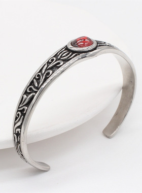时尚钛钢手镯 欧美做旧椭圆红色宝石花纹开口手镯 男女钛钢手镯