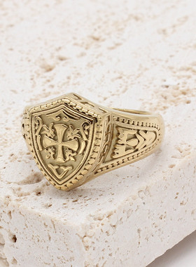时尚钛钢男款戒指 特色复古十字架骑士盾牌钛钢戒指潮男指环