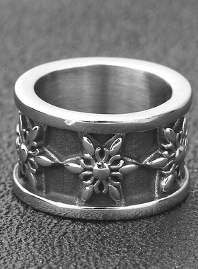 时尚钛钢戒指 欧美创意嘻哈整圈雪花图案戒指 铸造钛钢戒指指环