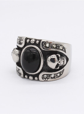 时尚钛钢戒指  欧美个性复古骷髅头宝石宽版钛钢男款戒指指环