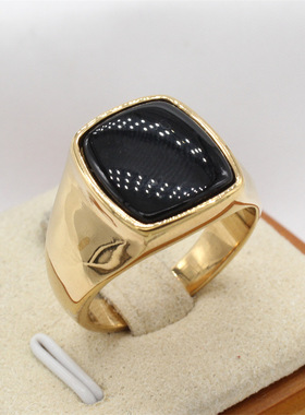时尚钛钢男女戒指 欧美复古方形黑色石虎眼石宝石钛钢戒指指环
