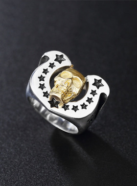 时尚钛钢男款戒指 个性复古马蹄骷髅头间金朋克钛钢戒指潮男指环