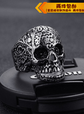 时尚风骷髅鬼头雕花复古钛钢戒指