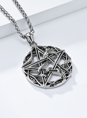 时尚钛钢项链 欧美蟒蛇缠绕五角星钛钢项链 撒旦五芒星钛钢项链