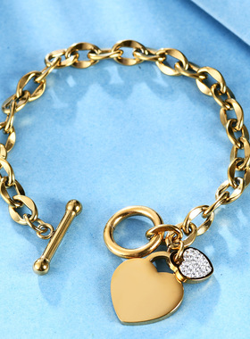 时尚钛钢手链INS风钛钢女士手链OT扣爱心手链 镶钻双爱心钛钢手链