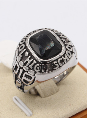 时尚钛钢男款戒指 欧美个性复古2018老鹰黑宝石钛钢戒指指环