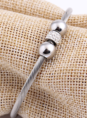 时尚钛钢手镯 钛钢双圆珠镶钻圆筒手镯镶钻钛钢女式手镯 闺蜜手环