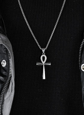 时尚钛钢项链 钛钢安卡十字架镶钻项链 男女十字架吊坠链钛钢项链