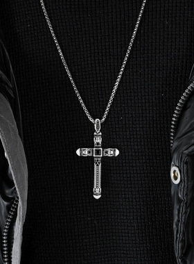 时尚钛钢项链 欧美风镶黑色锆石骷髅十字架项链 朋克钛钢项链