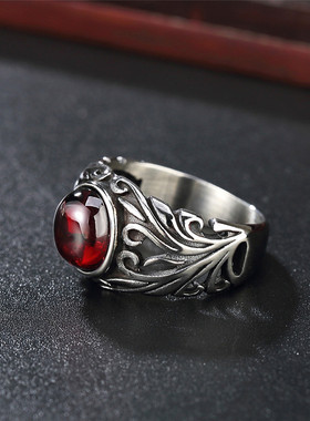 欧美风复古红宝石男士钛钢戒指