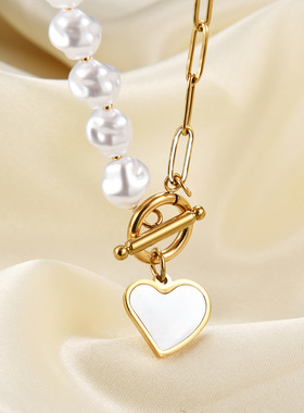 时尚钛钢项链 爱心镶贝壳仿珍珠拼接项链毛衣链锁骨OT链钛钢项链