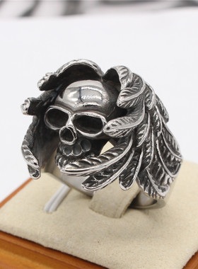 时尚钛钢男款戒指 欧美个性复古翅膀骷髅头戒指 钛钢男式戒指指环
