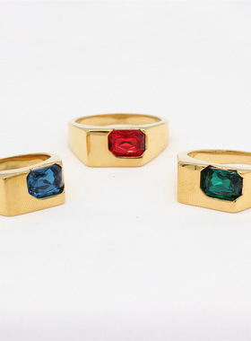 时尚钛钢男女戒指 欧美个性复古斜上方镶嵌锆石长方形钢戒指指环