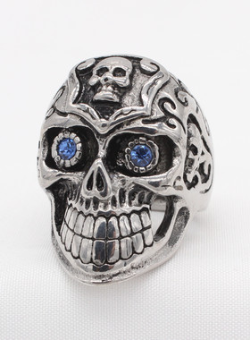时尚钛钢男款戒指 欧美复古骷髅头戒指 眼睛点钻骷髅钛钢戒指指环