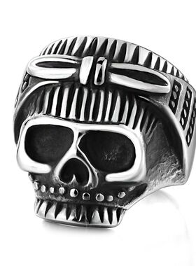 摇滚风万圣节复古骷髅头钛钢戒指