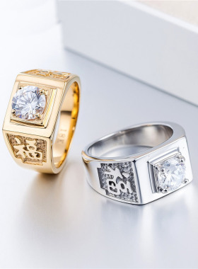 时尚钛钢男款戒指简约时尚男士婚礼钻戒镶钻福字方形钛钢戒指指环