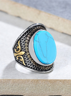 时尚钛钢男款戒指欧美复古花纹蓝松石朋克舞台男士钛钢戒指指环