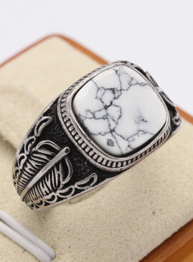 时尚钛钢男款戒指 欧美个性方形复古羽毛蓝松石钢戒指指环