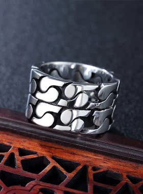 时尚钛钢男款戒指 复古欧美风车链超宽钛钢戒指潮男指环