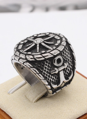 时尚钛钢男款戒指 欧美个性复古海盗船锚船舵钛钢男式戒指指环
