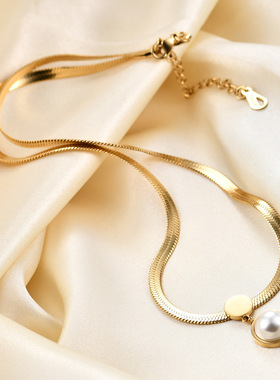 时尚钛钢项链 欧美时尚8MM扁蛇链刀片项链仿珍珠锁骨链钛钢项链