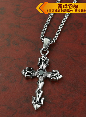 时尚风钛钢黑钻锆石十字架吊坠