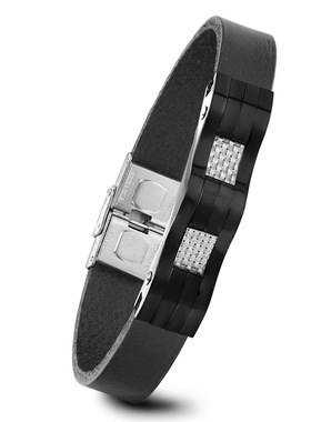 时尚风黑色真皮钛钢手镯