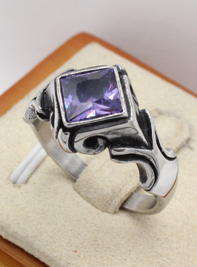 时尚钛钢男款戒指 欧美个性复古菱形宝石钛钢戒指指环