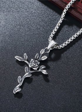 时尚钛钢项链 复古玫瑰花十字架哥特吊坠男款钛钢项链