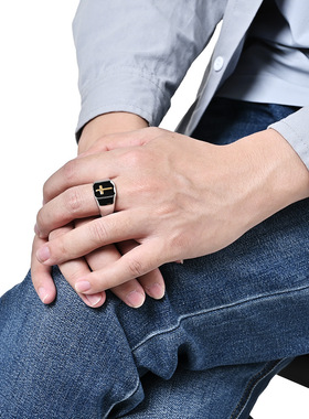 时尚钛钢戒指 欧美复古风十字架滴油戒指潮流长方形钛钢戒指指环