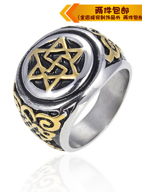 哥特摇滚风六芒星钛钢戒指