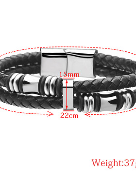 时尚风双层真皮黑色编织钛钢手镯