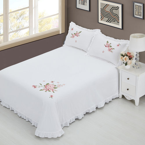 外贸绣花纯棉床单单件老式花边白色100全棉高档圆角被单枕套 - 图1