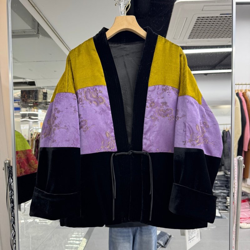 新中式女装香云纱撞色真丝丝绒夹棉外套棉衣2025年秋装新款蝙蝠袖,淘宝优惠券,粉丝福利购,淘宝优惠卷