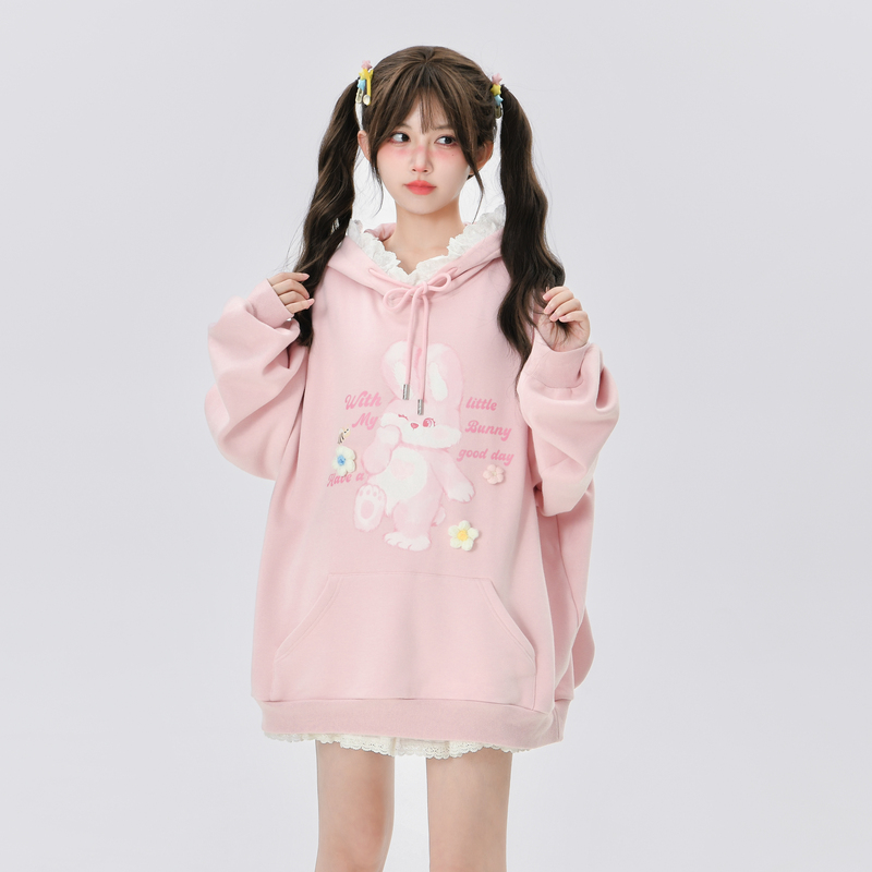 森女部落原创兔子耳朵兔耳朵卫衣加绒粉色外套女2025秋冬甜美可爱 - 图2