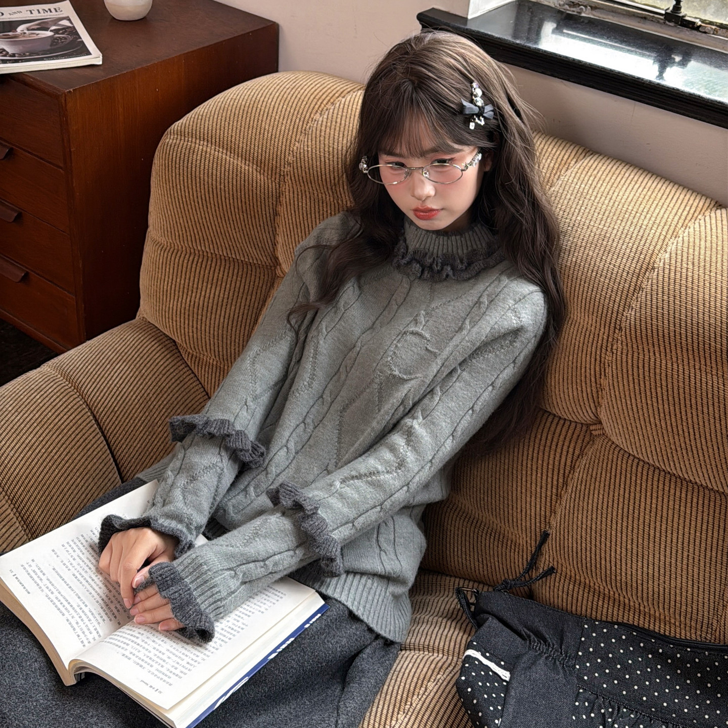 森女部落灰色高级感叠穿内搭打底衫女新款设计感花边宽松毛衣冬季,淘宝优惠券,粉丝福利购,淘宝优惠卷