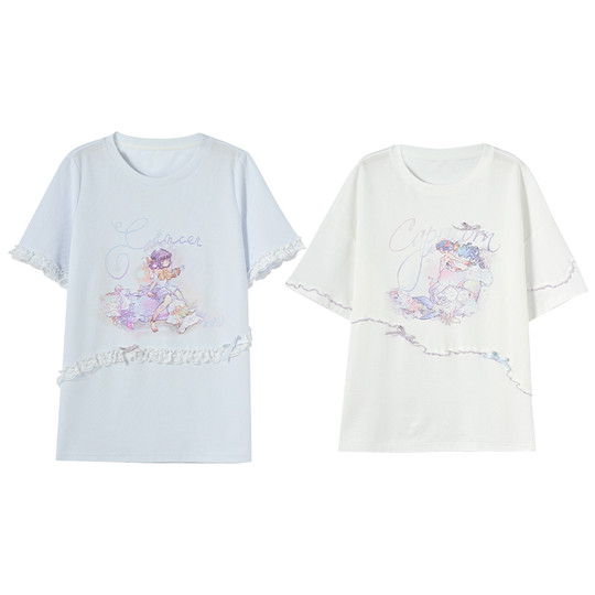 森女部落原创星座系列印花蕾丝花边短袖T恤女多巴胺少女纯棉上衣