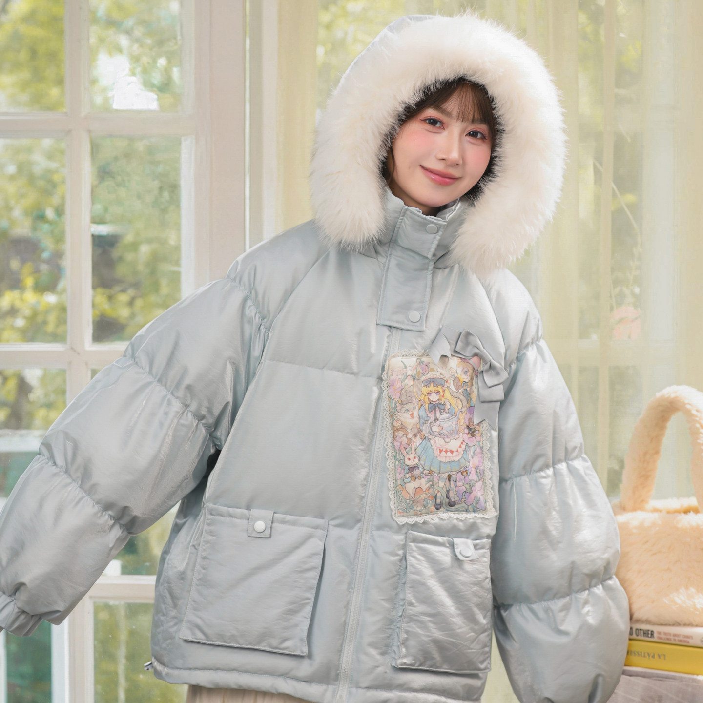 森女部落甜美风90%绒子白鸭绒羽绒服女2026冬设计感宽松连帽外套